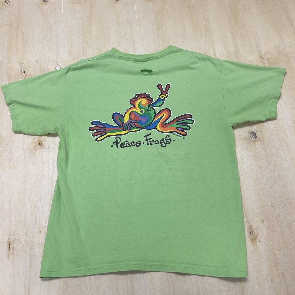 Y2K Peace Frogs Shirt Mens Large Green Psychedelic Frog Graphic Tee T-Shirt